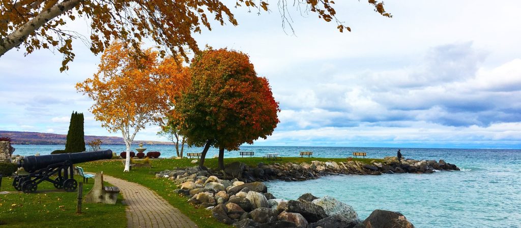 A cannon sits on the shore of a lake in Meaford.