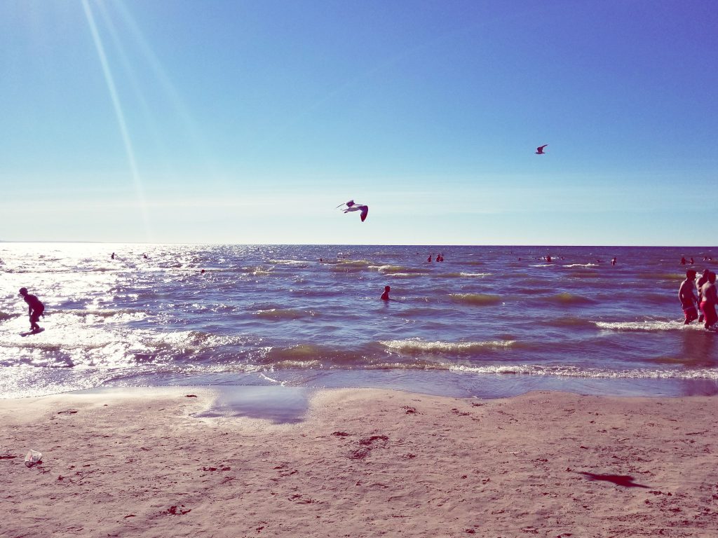 A group of painters on a beach with kites flying in the air.